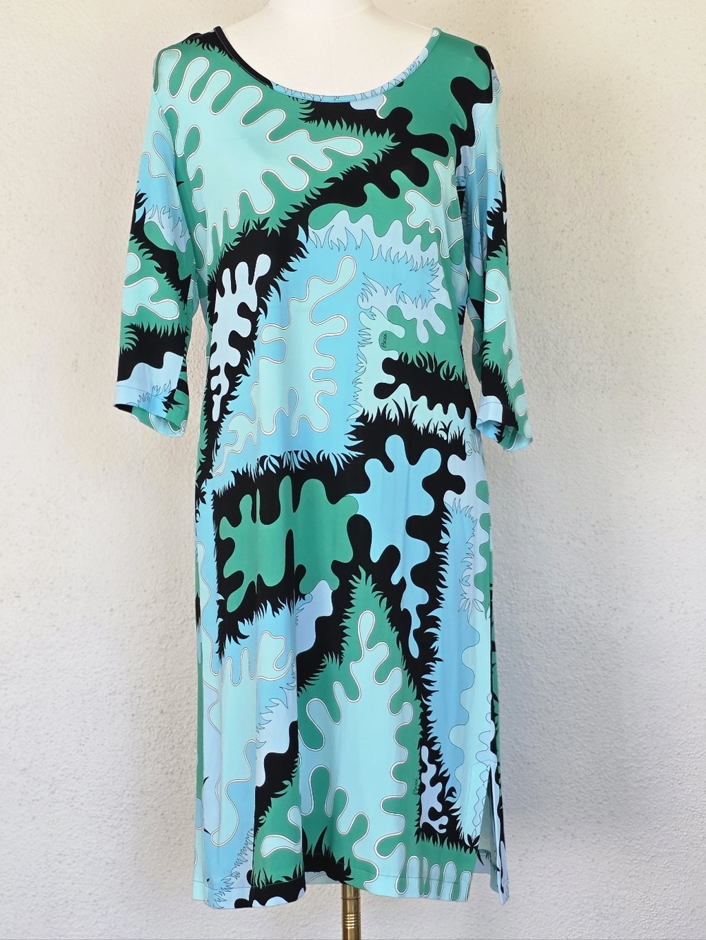 VTG Averardo Bessi Italy Abstract Print Dress Blue Green Mod Stretch US 10 Tunic